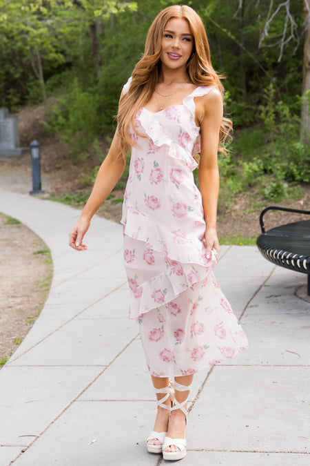 Cherry Blossom Floral Print Ruffle Midi Dress