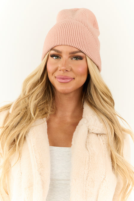 Cherry Blossom Front Fold Ribbed Knit Beanie