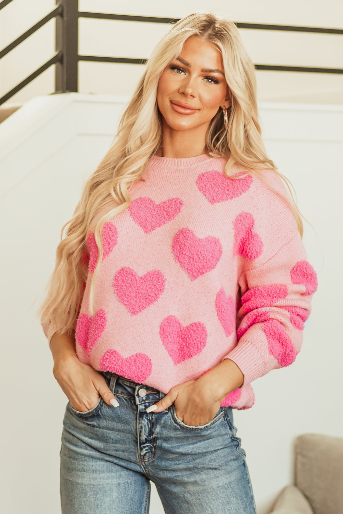 Cherry Blossom Heart Pattern Long Sleeve Sweater