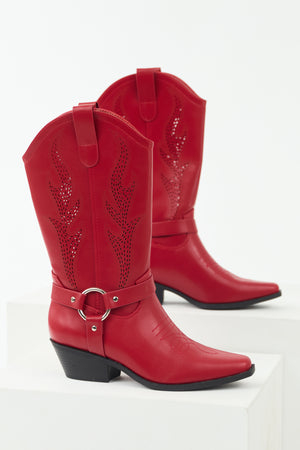 Cherry Embroidered Riding Strap Heeled Boots