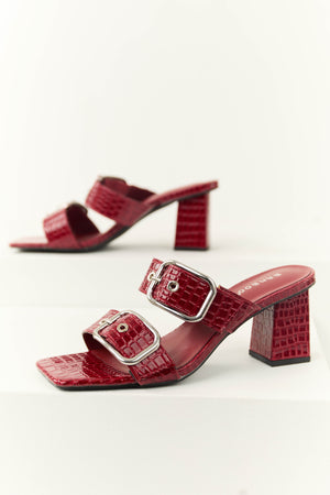 Dark Cherry Open Toed Double Buckle Strap Heels