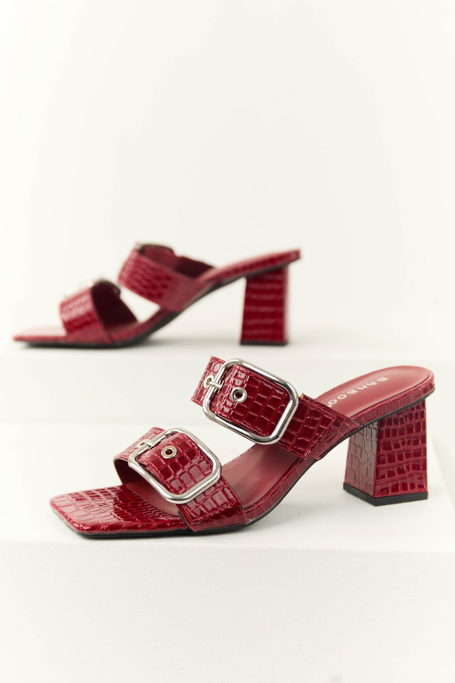 Dark Cherry Open Toed Double Buckle Strap Heels