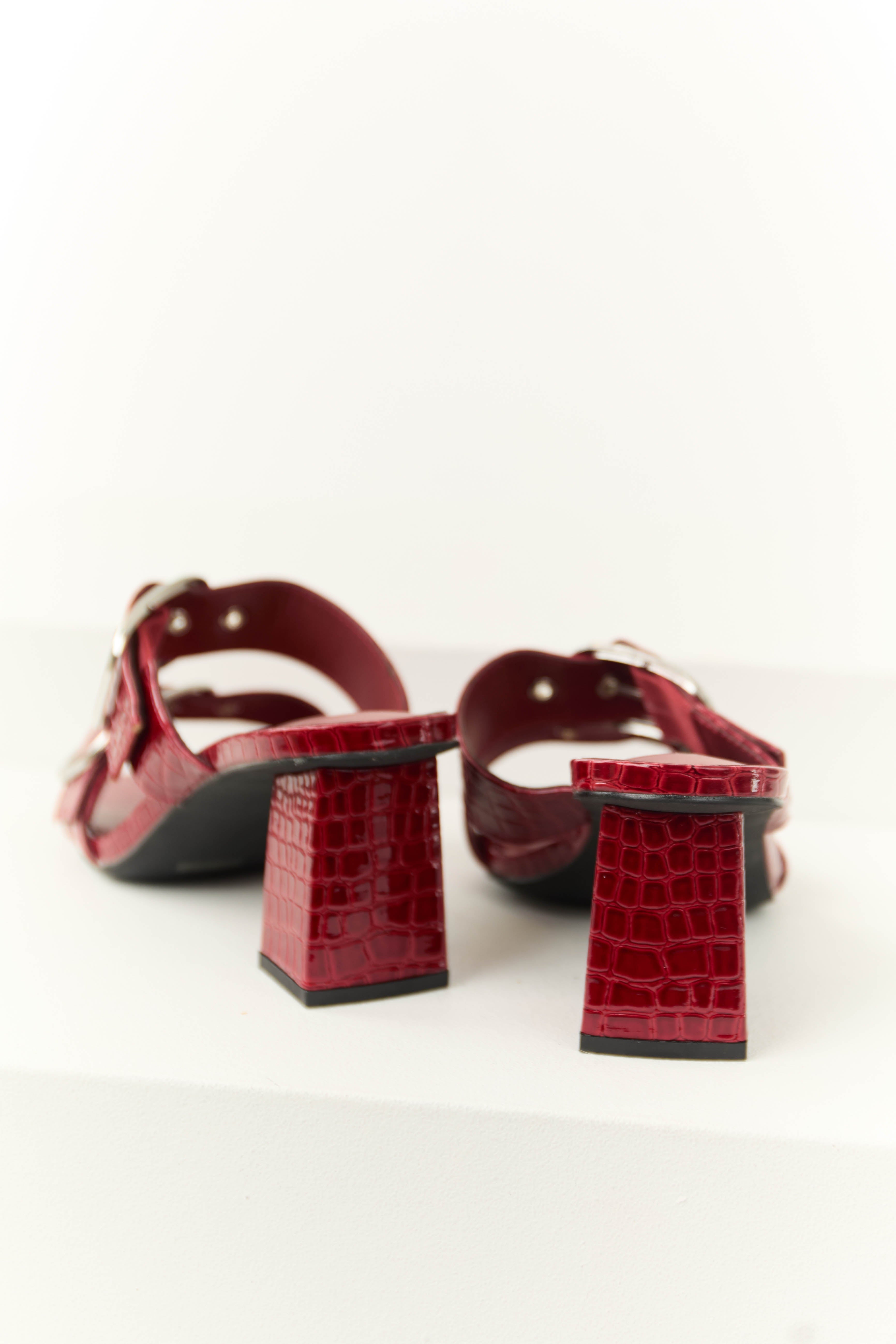 Dark Cherry Open Toed Double Buckle Strap Heels