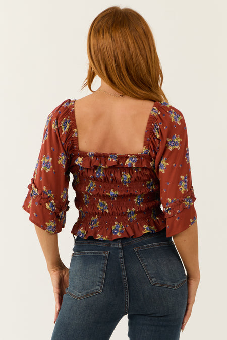 Chestnut Floral Print Smocked Bodice Crop Top