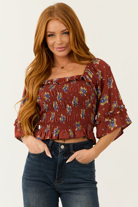 Chestnut Floral Print Smocked Bodice Crop Top