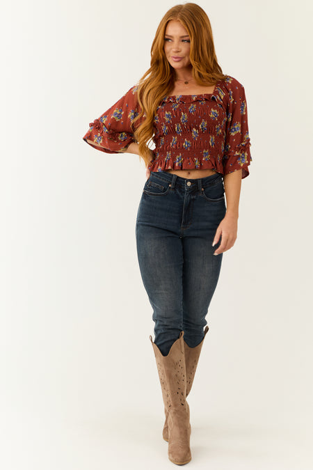 Chestnut Floral Print Smocked Bodice Crop Top