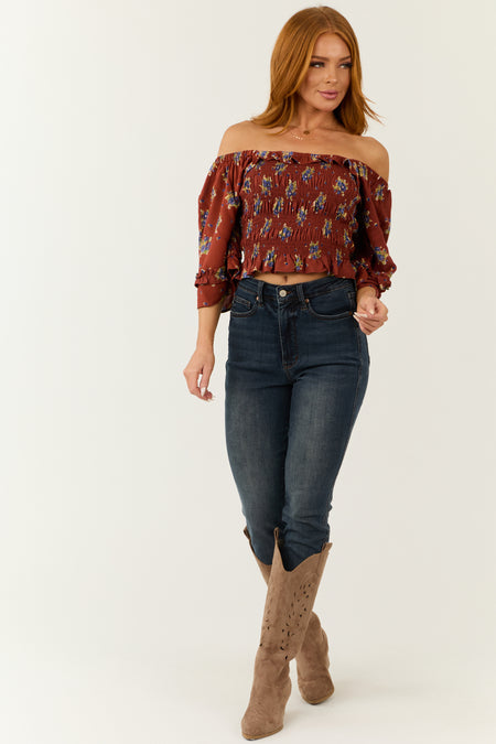 Chestnut Floral Print Smocked Bodice Crop Top