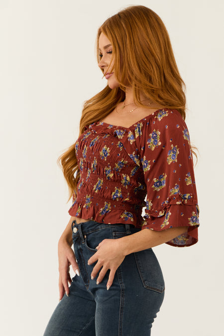 Chestnut Floral Print Smocked Bodice Crop Top