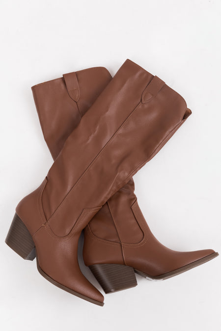 Chestnut Pleather Knee High Western Boots