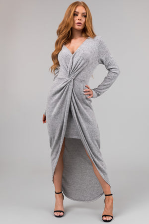 Chloe Heather Grey Two Tone Long Sleeve Twist Knot Midi Dress