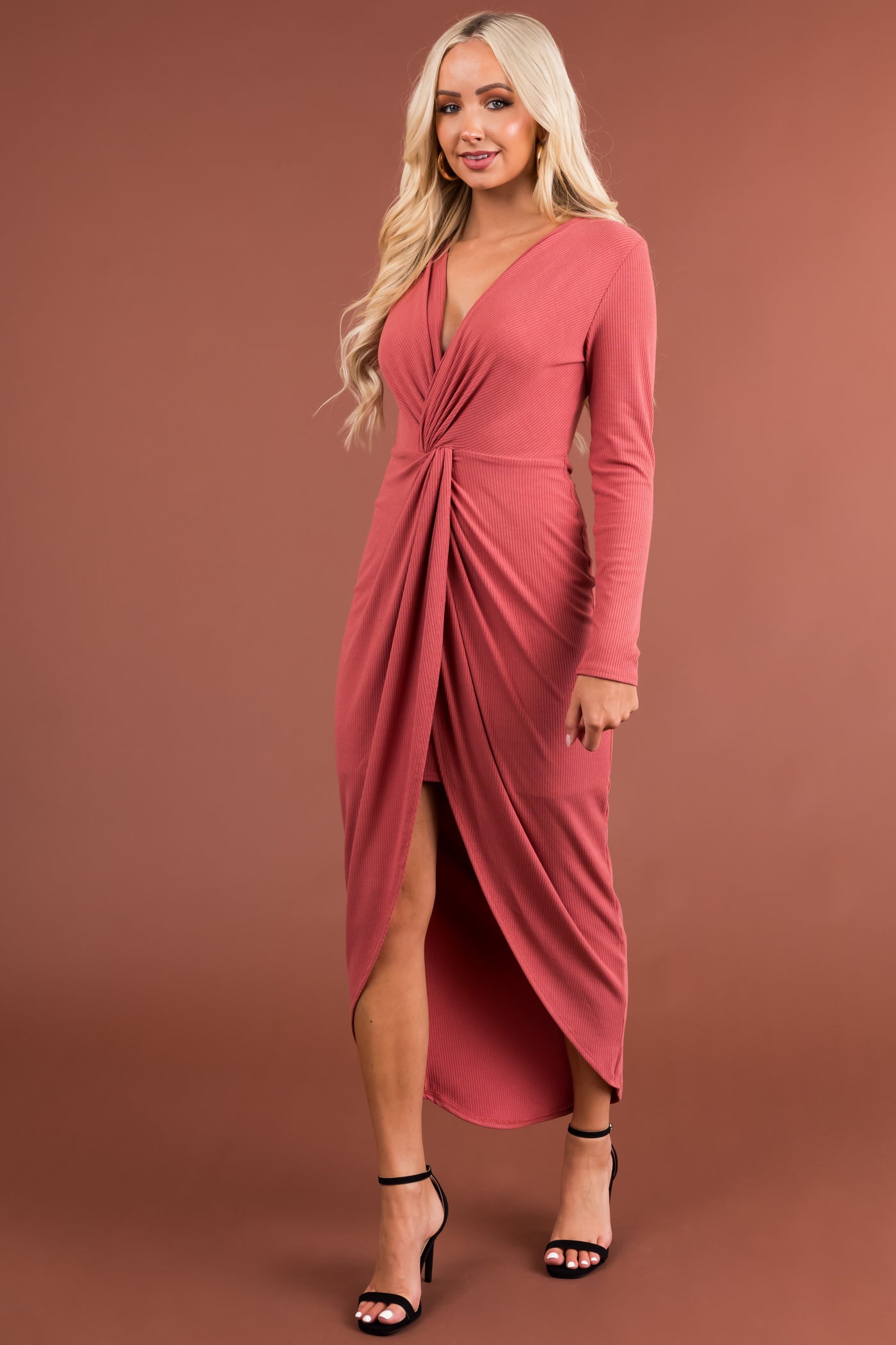 Chloe Marsala Long Sleeve Twist Knot Midi Dress