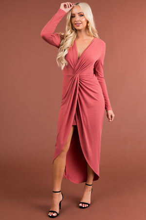 Chloe Marsala Long Sleeve Twist Knot Midi Dress