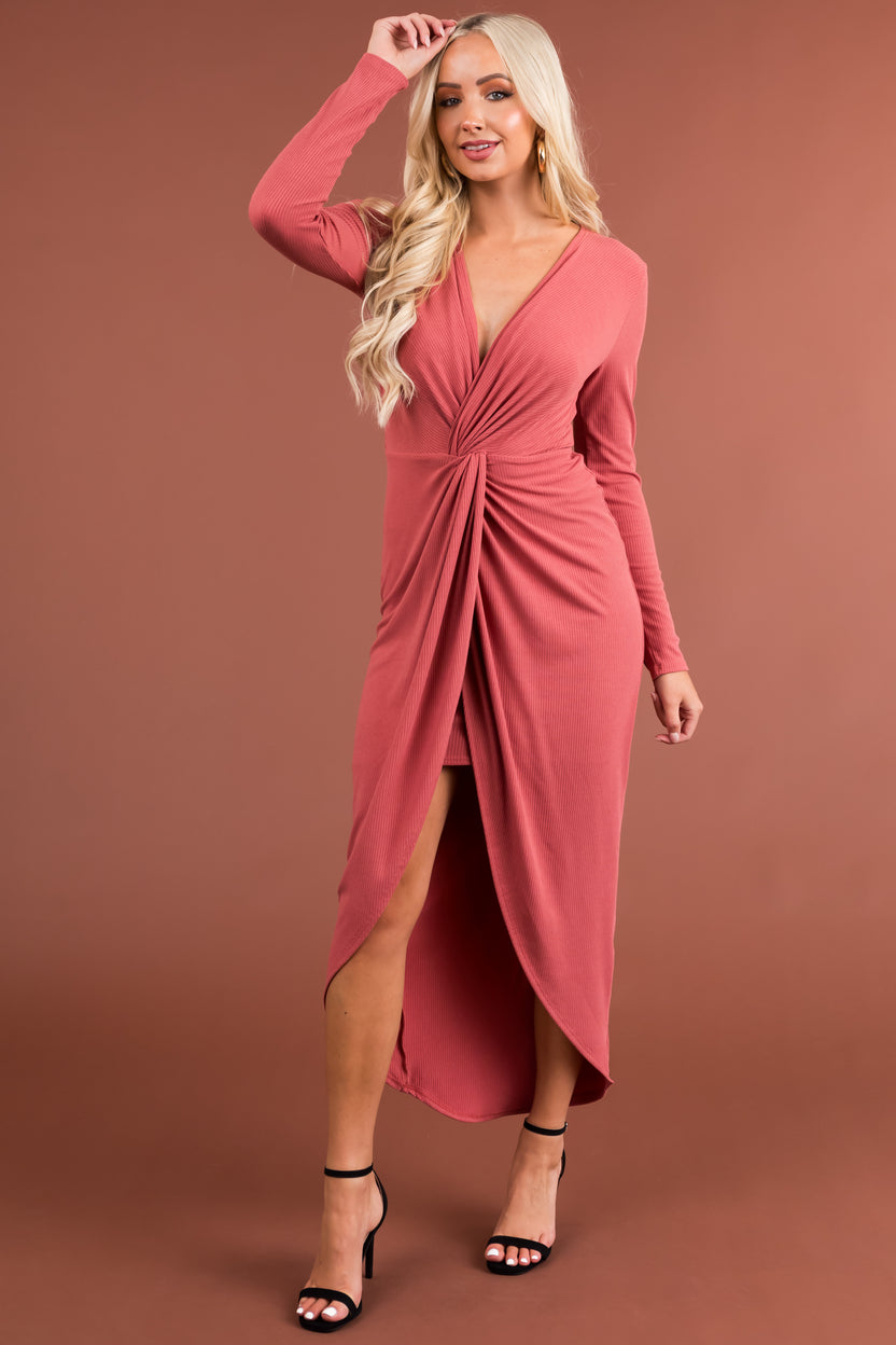 Chloe Marsala Long Sleeve Twist Knot Midi Dress