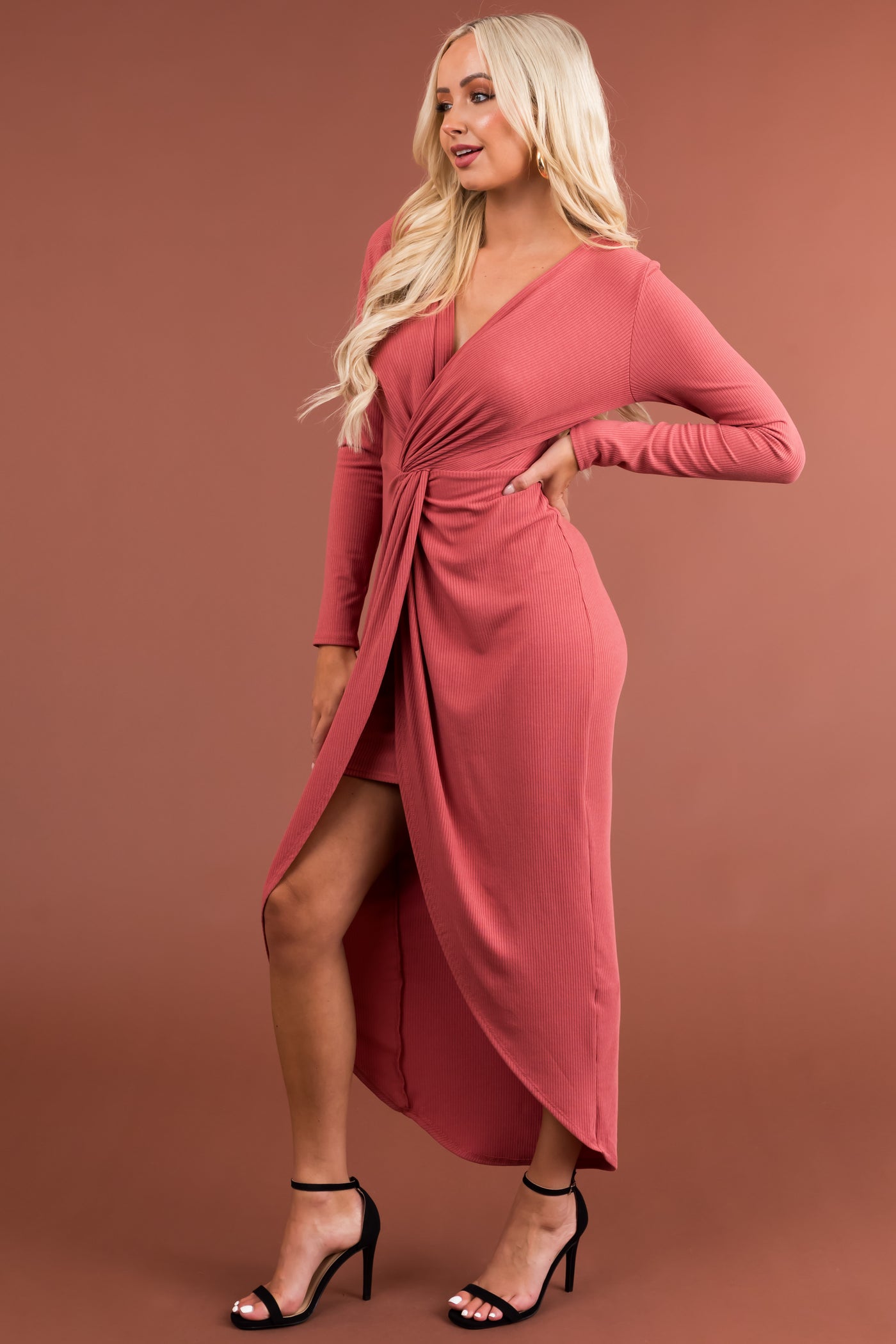 Chloe Marsala Long Sleeve Twist Knot Midi Dress