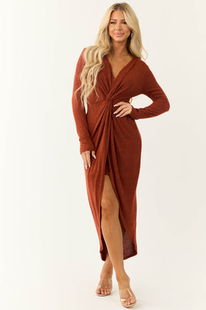 Chloe Rust Two Tone Long Sleeve Twist Knot Midi Dress