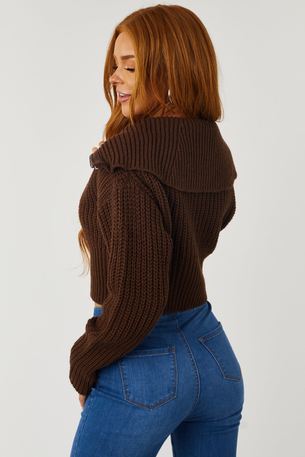 Chocolate Collared Two Way Zip Up Knit Cardigan