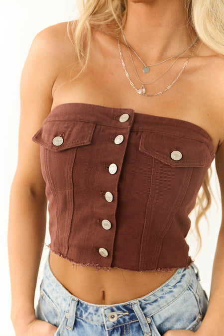 Chocolate Denim Strapless Button Up Corset Top