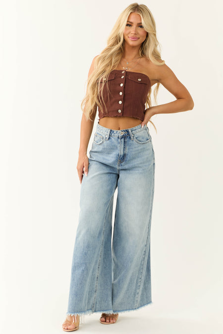 Chocolate Denim Strapless Button Up Corset Top