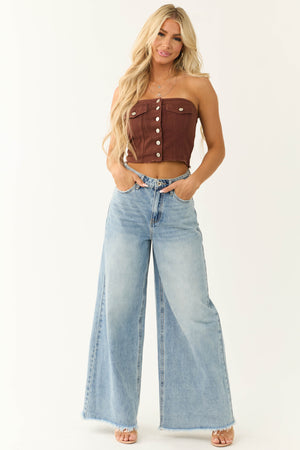 Chocolate Denim Strapless Button Up Corset Top