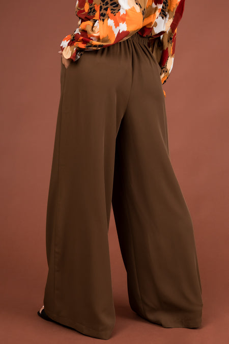 Chocolate Elastic Waist Wide Leg Dress Pants