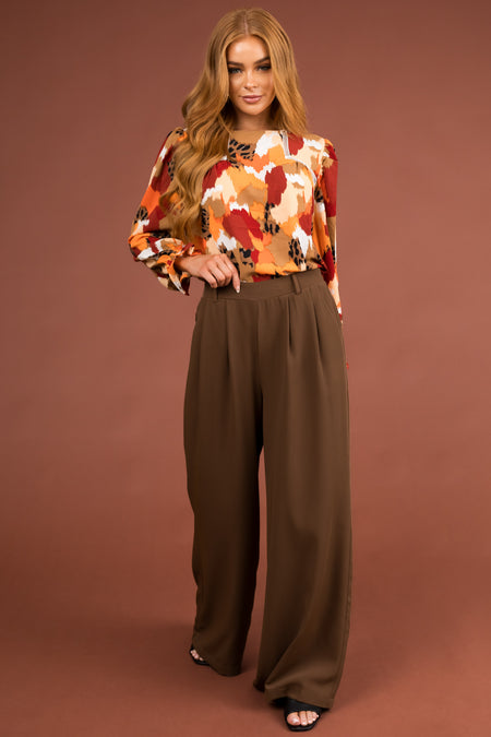 Chocolate Elastic Waist Wide Leg Dress Pants