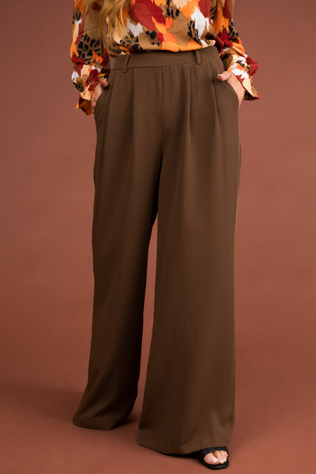 Chocolate Elastic Waist Wide Leg Dress Pants