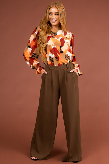 Chocolate Elastic Waist Wide Leg Dress Pants