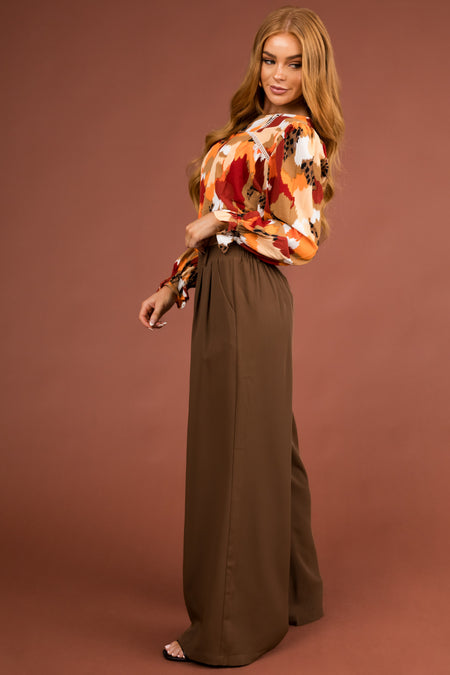 Chocolate Elastic Waist Wide Leg Dress Pants