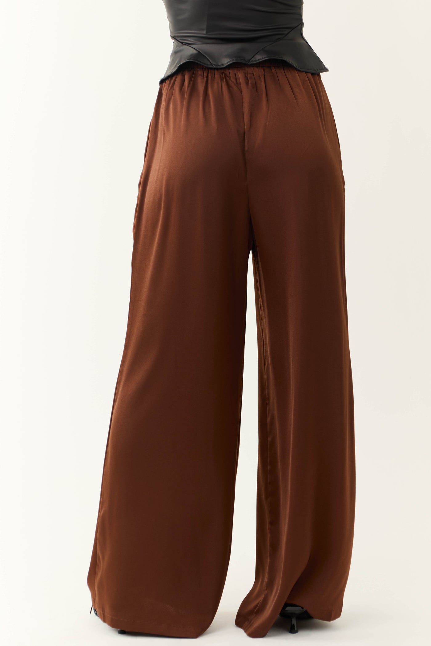 Chocolate Flowy Wide Leg Pull On Satin Pants