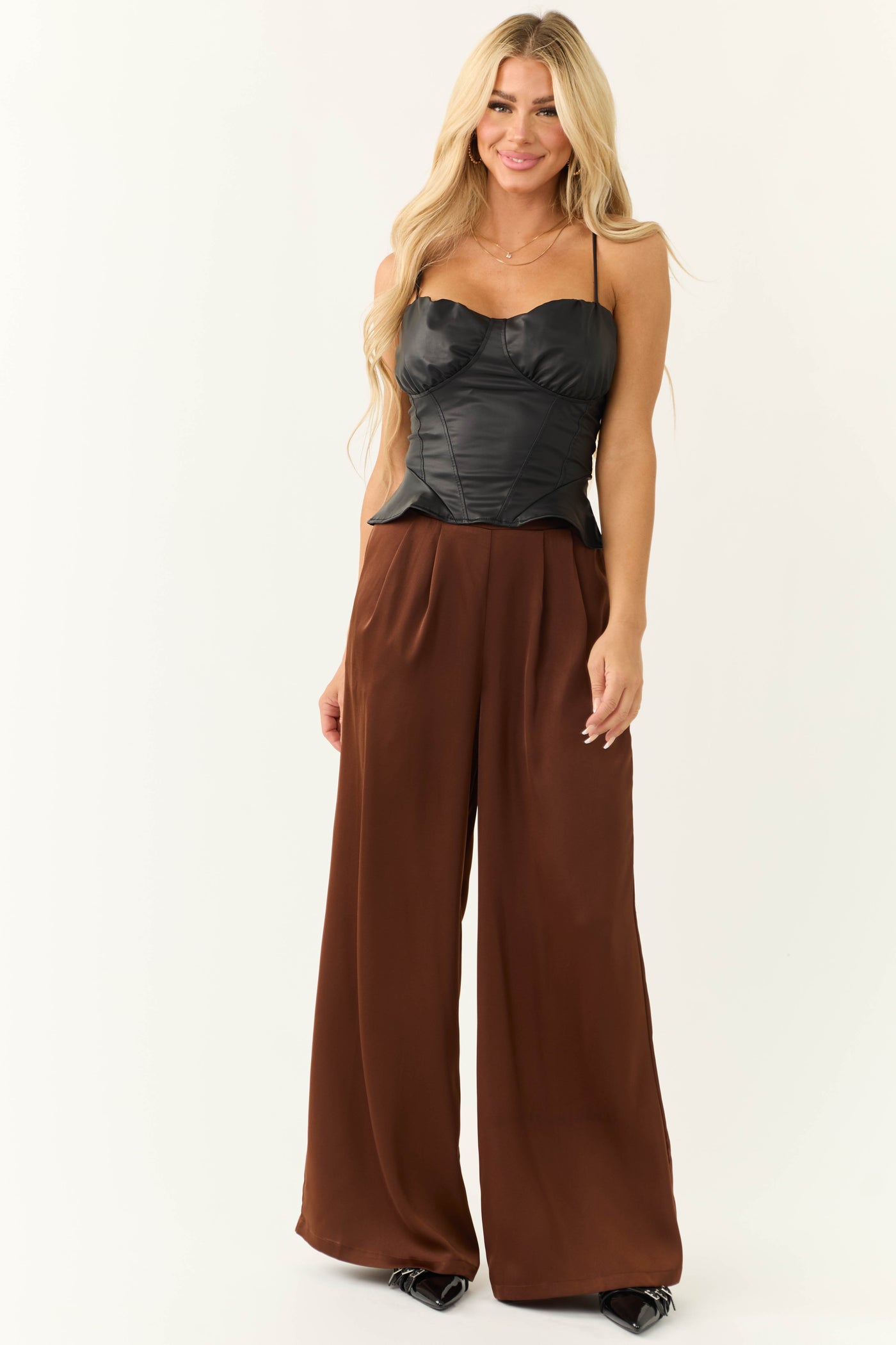 Chocolate Flowy Wide Leg Pull On Satin Pants