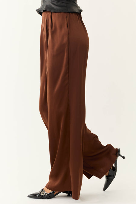 Chocolate Flowy Wide Leg Pull On Satin Pants