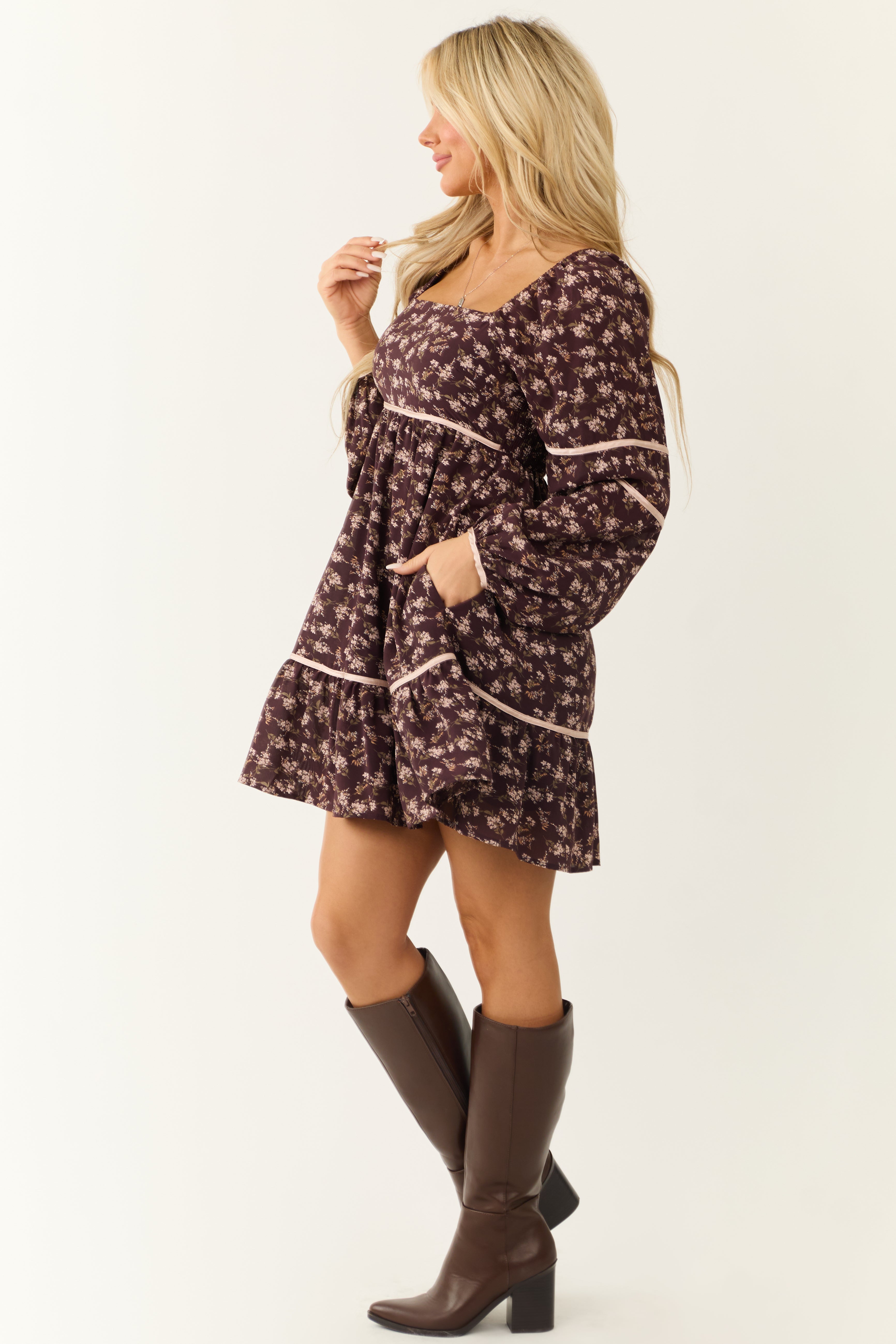 Chocolate Long Sleeve Floral Babydoll Short Dress