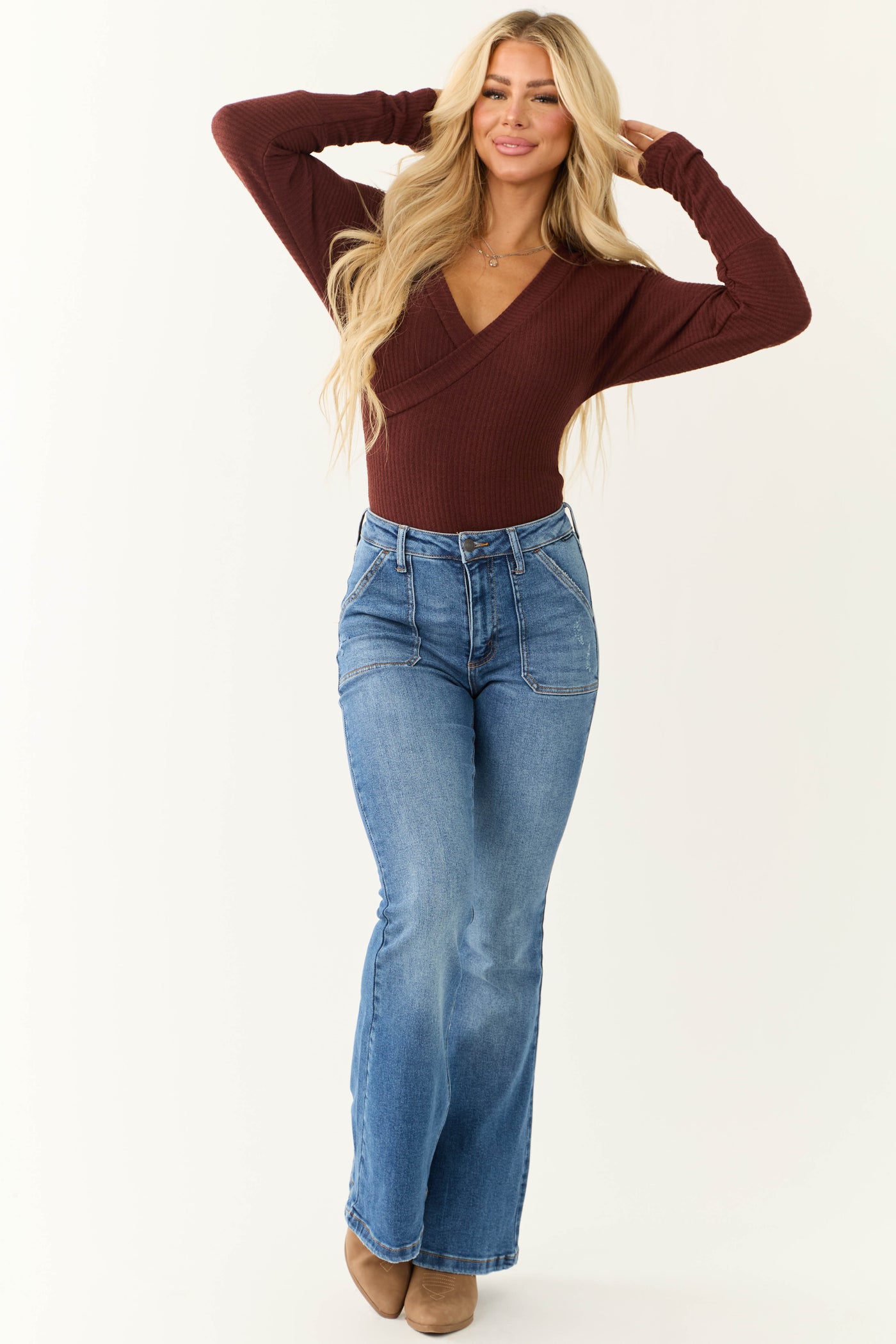 Chocolate Long Sleeve Surplice Ribbed Bodysuit