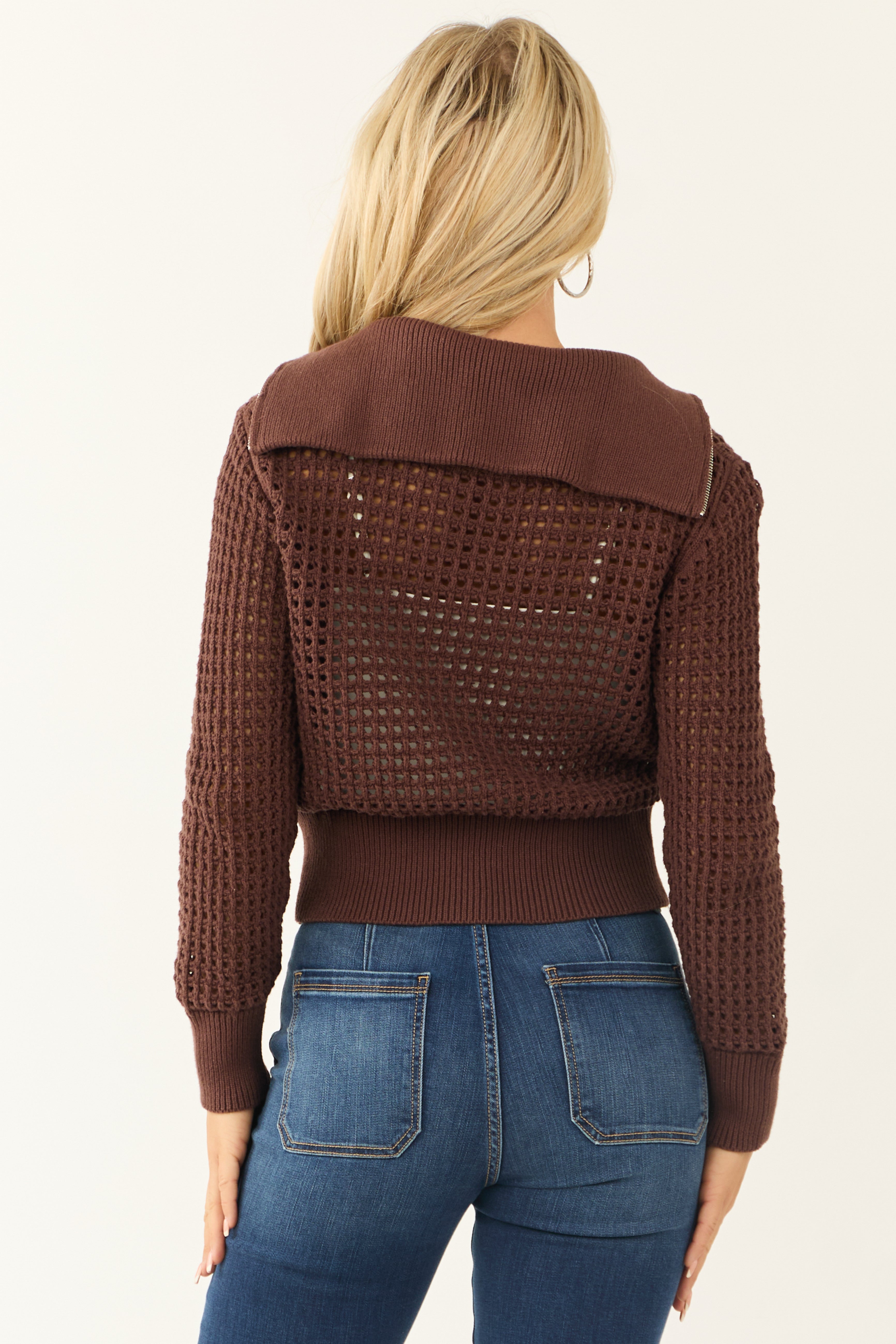 Chocolate Open Knit Zip Up Jacket