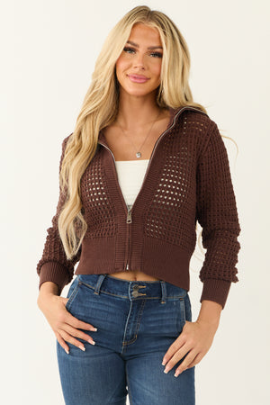 Chocolate Open Knit Zip Up Jacket