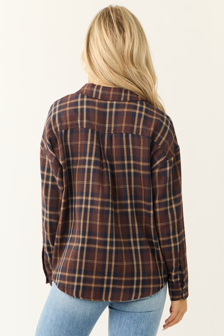 Chocolate Plaid Button Down Long Sleeve Top