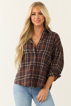 Chocolate Plaid Button Down Long Sleeve Top