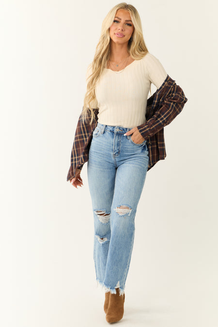 Chocolate Plaid Button Down Long Sleeve Top