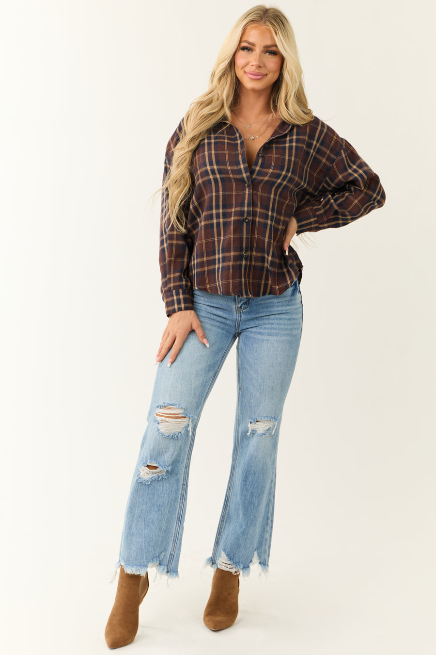 Chocolate Plaid Button Down Long Sleeve Top