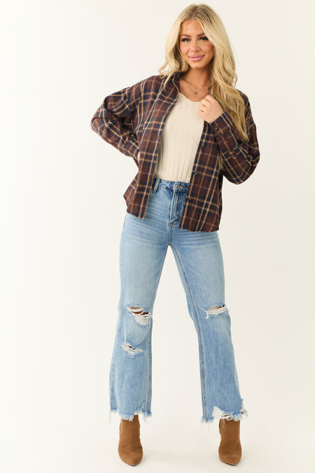 Chocolate Plaid Button Down Long Sleeve Top