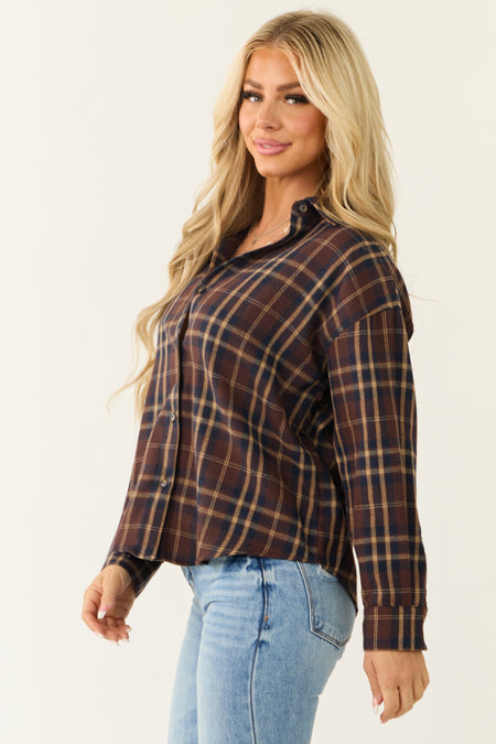 Chocolate Plaid Button Down Long Sleeve Top