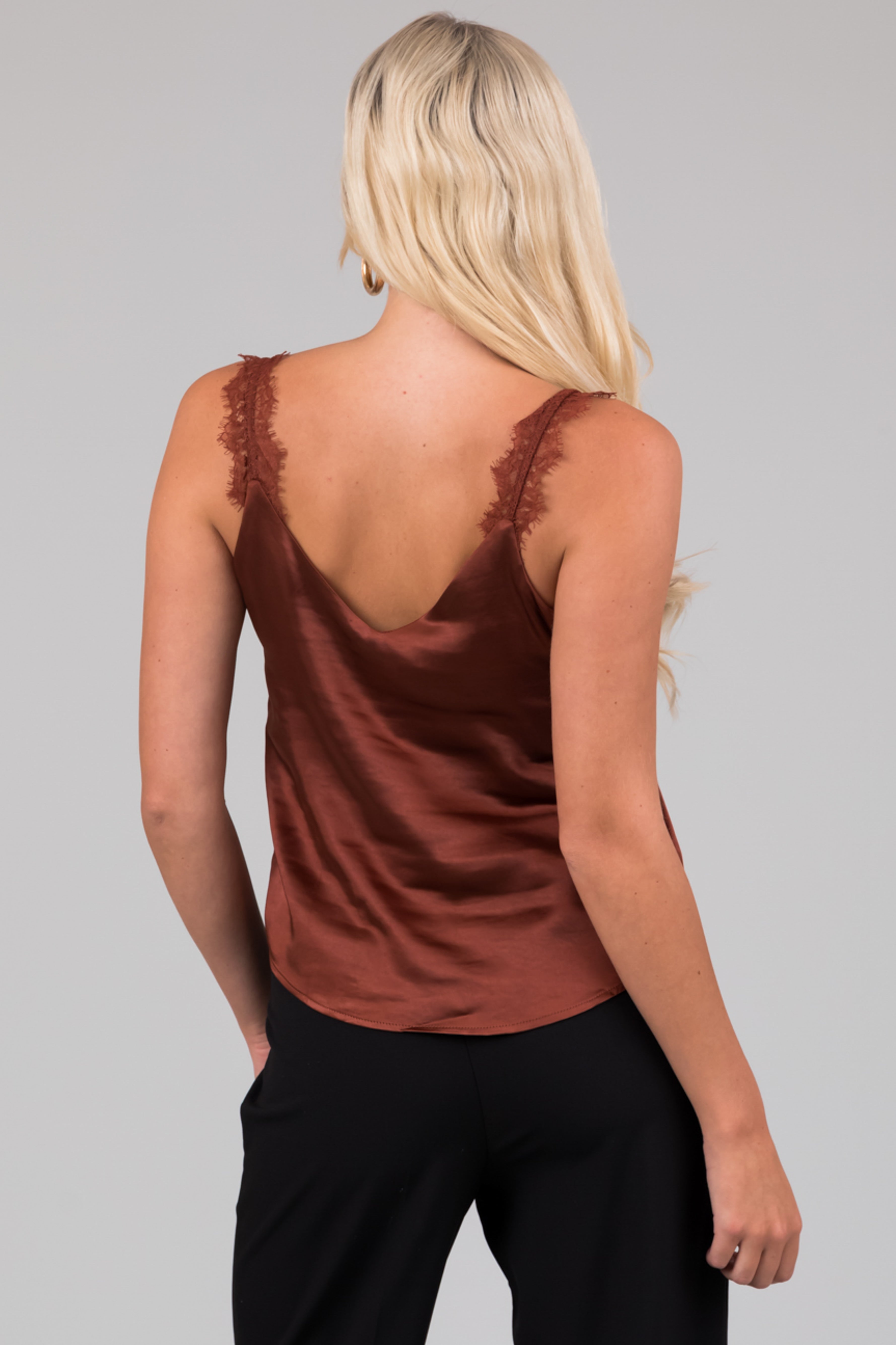 Chocolate Sleeveless Lace Trim V Neck Cami Top