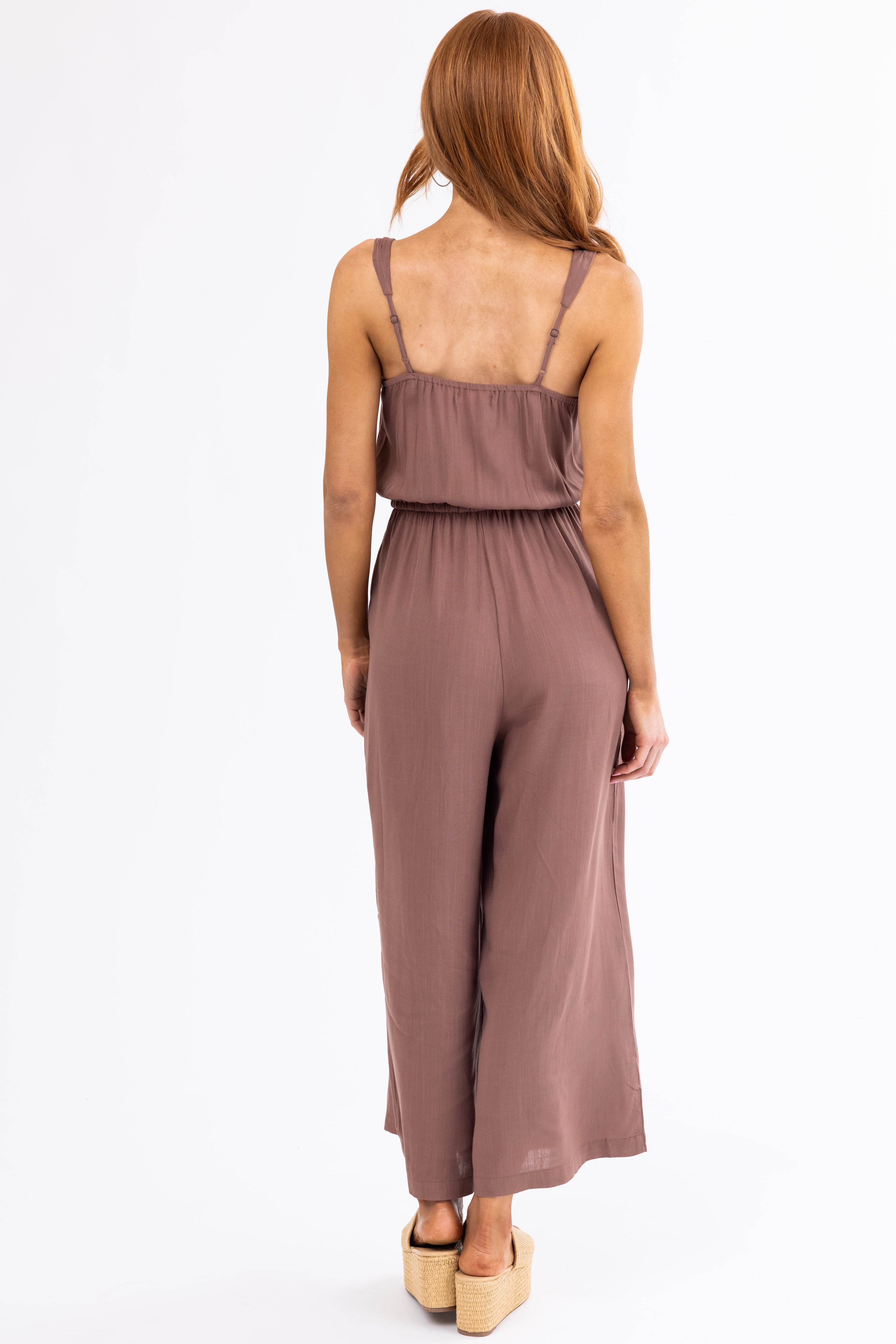 Chocolate Sleeveless Waist Tie Wide Leg Jumpsuit