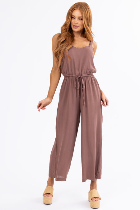 Chocolate Sleeveless Waist Tie Wide Leg Jumpsuit