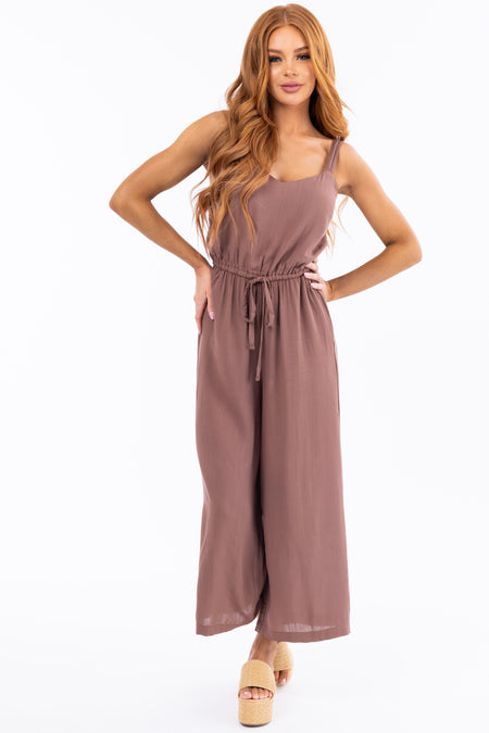 Chocolate Sleeveless Waist Tie Wide Leg Jumpsuit