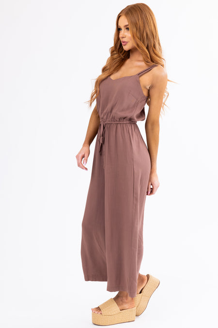 Chocolate Sleeveless Waist Tie Wide Leg Jumpsuit