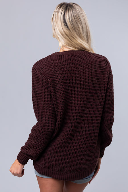 Chocolate Thick Waffle Knit Curved Hem Sweater