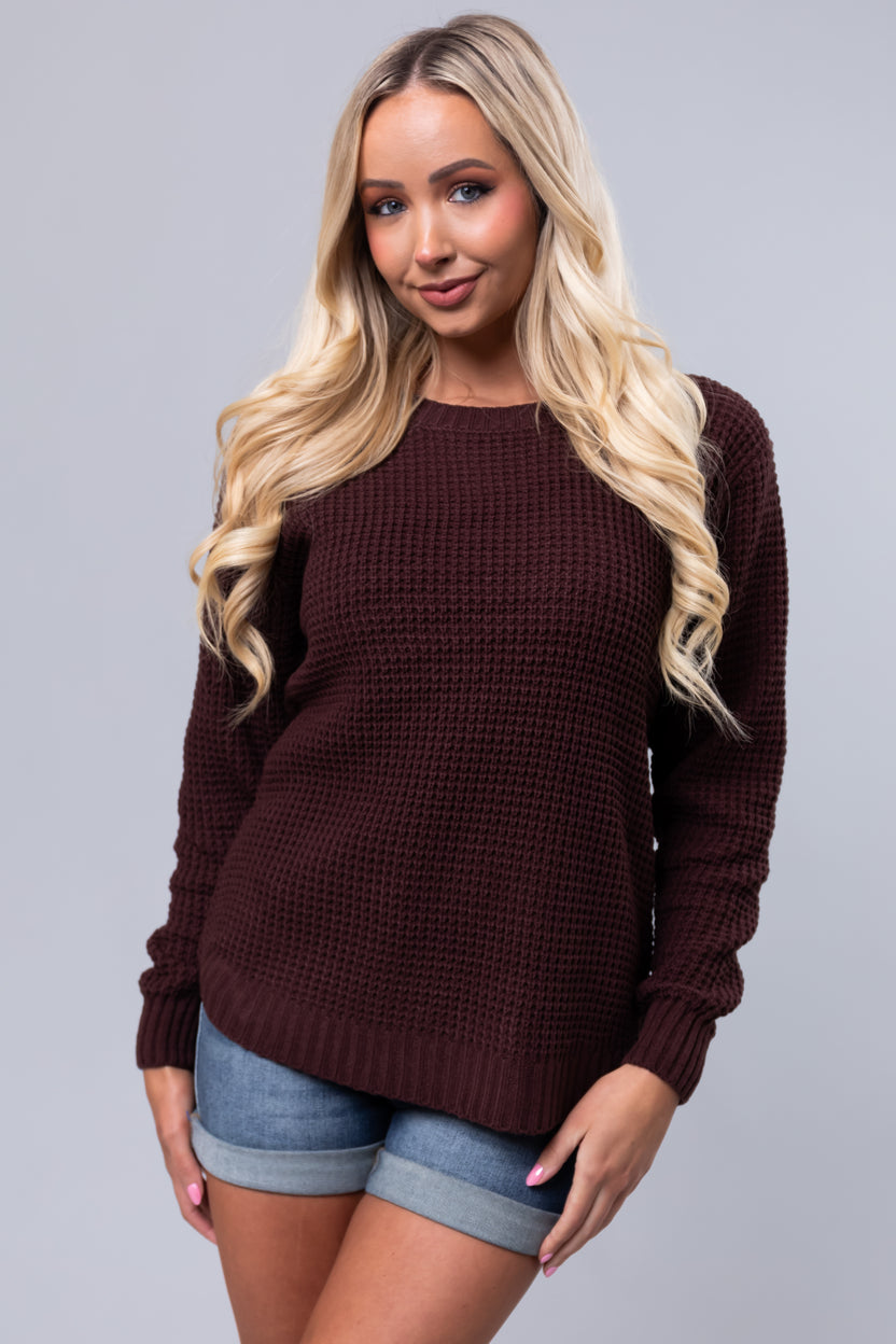 Chocolate Thick Waffle Knit Curved Hem Sweater