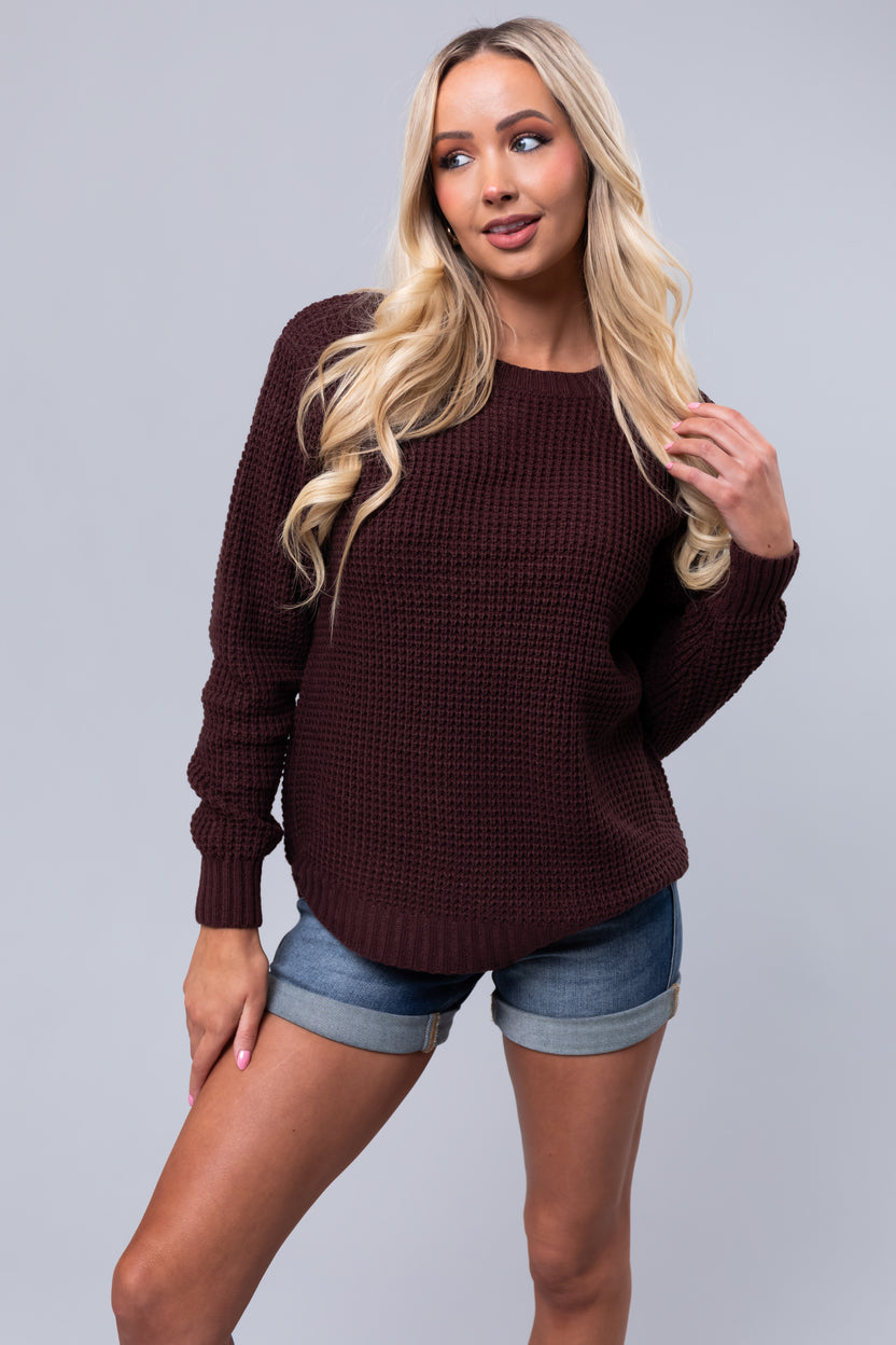 Chocolate Thick Waffle Knit Curved Hem Sweater