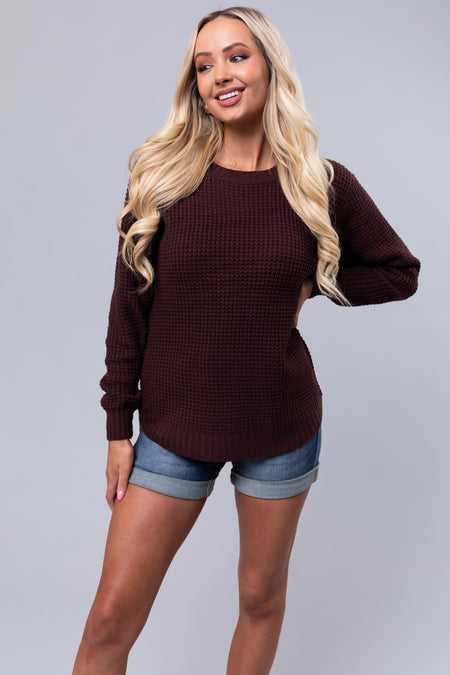 Chocolate Thick Waffle Knit Curved Hem Sweater